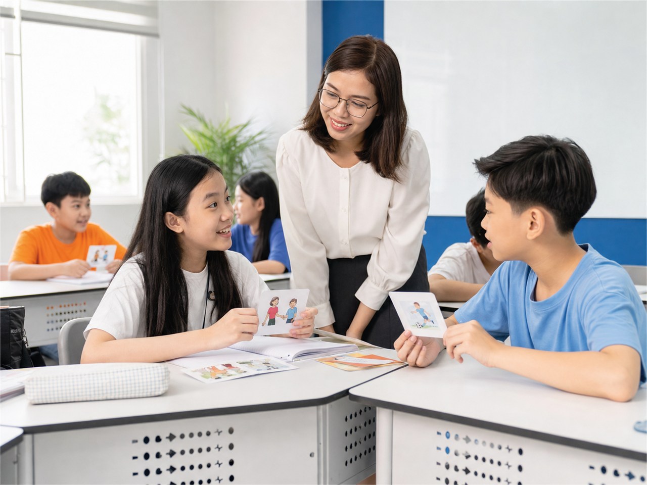 Giáo viên hướng dẫn học viên luyện tập trong khóa KET