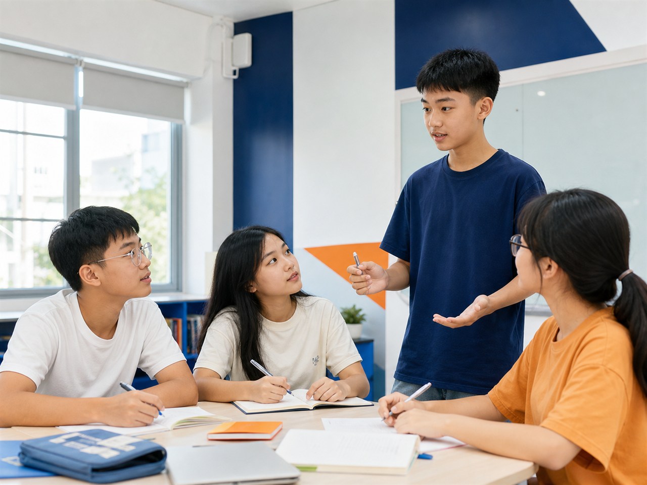Nhóm học viên trung học luyện tập tiếng Anh cùng giáo viên