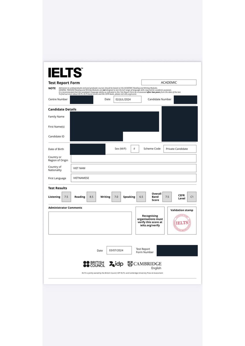 Phiếu điểm IELTS đã ẩn thông tin cá nhân