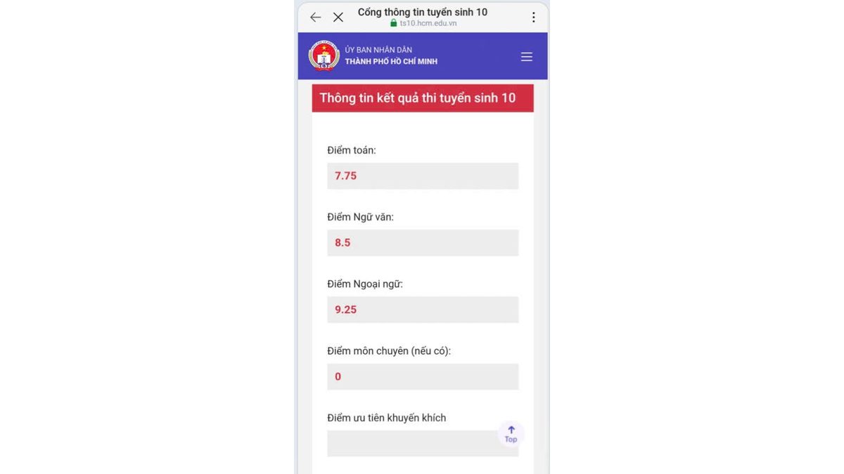 Phiếu điểm tuyển sinh lớp 10 đã ẩn thông tin cá nhân